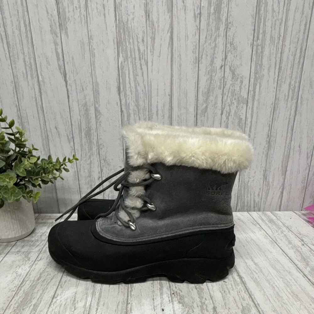 SOREL Womens Size 8 Gray/Black Faux Fur Lined Lace-Up Suede Snow Boots
